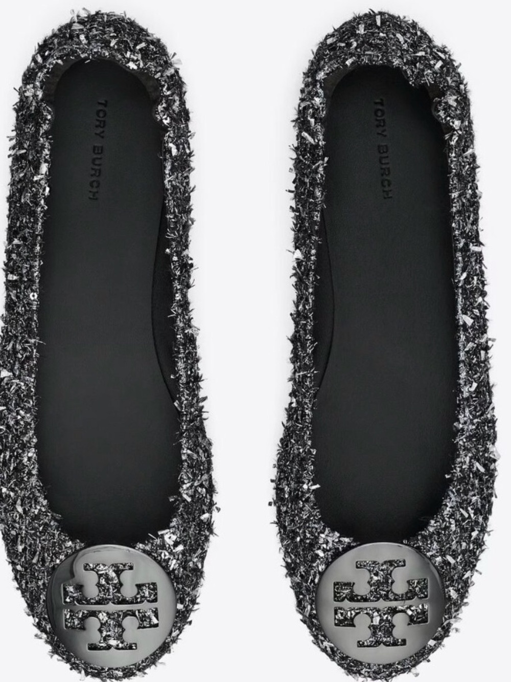 Tory Burch Black Tweed Logo Ballet Flats